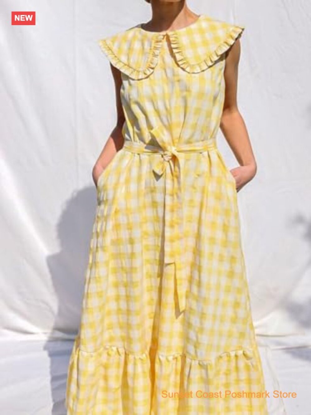 Sleeveless Plaid Maxi Dress with Pockets Ruffle A-Line Beach Sundress - Picture 2 of 7